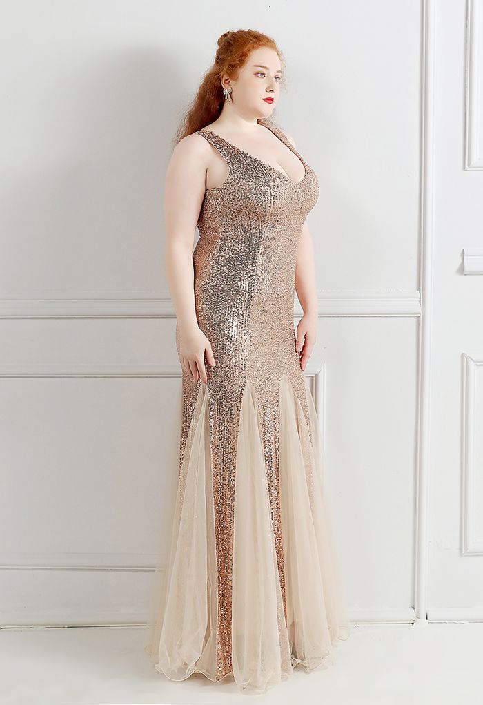 Mesh Panelled Sequined Mermaid Gown in Gold