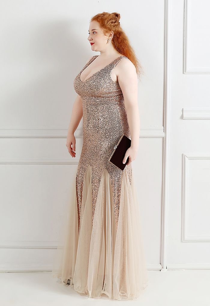 Mesh Panelled Sequined Mermaid Gown in Gold