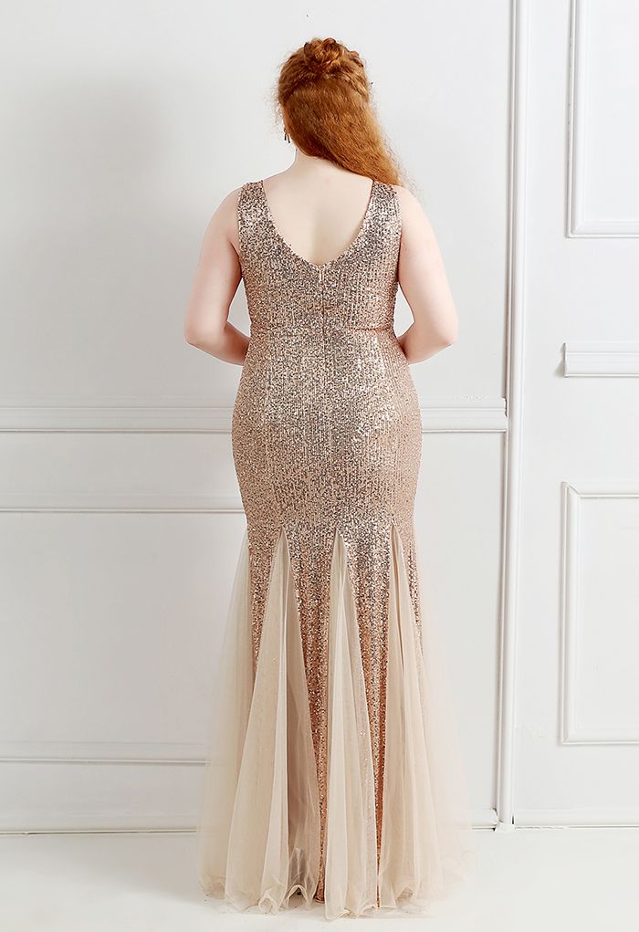 Mesh Panelled Sequined Mermaid Gown in Gold