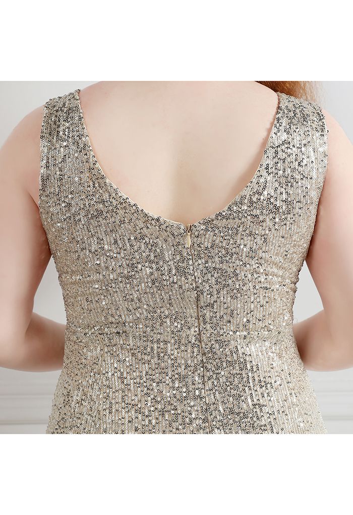 Mesh Panelled Sequined Mermaid Gown in Silver