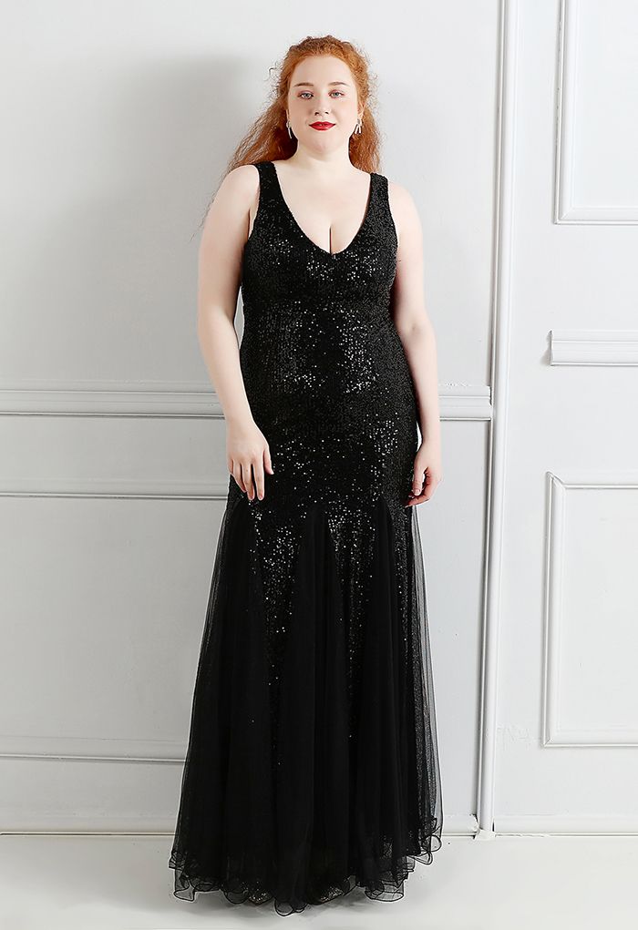 Mesh Panelled Sequined Mermaid Gown in Black