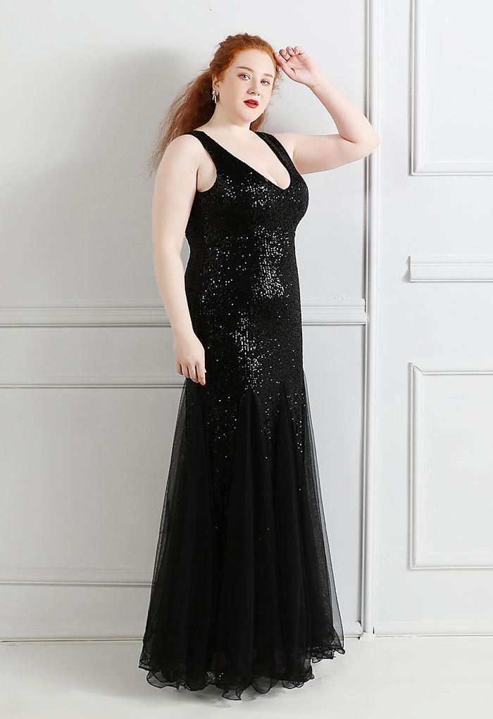 Mesh Panelled Sequined Mermaid Gown in Black