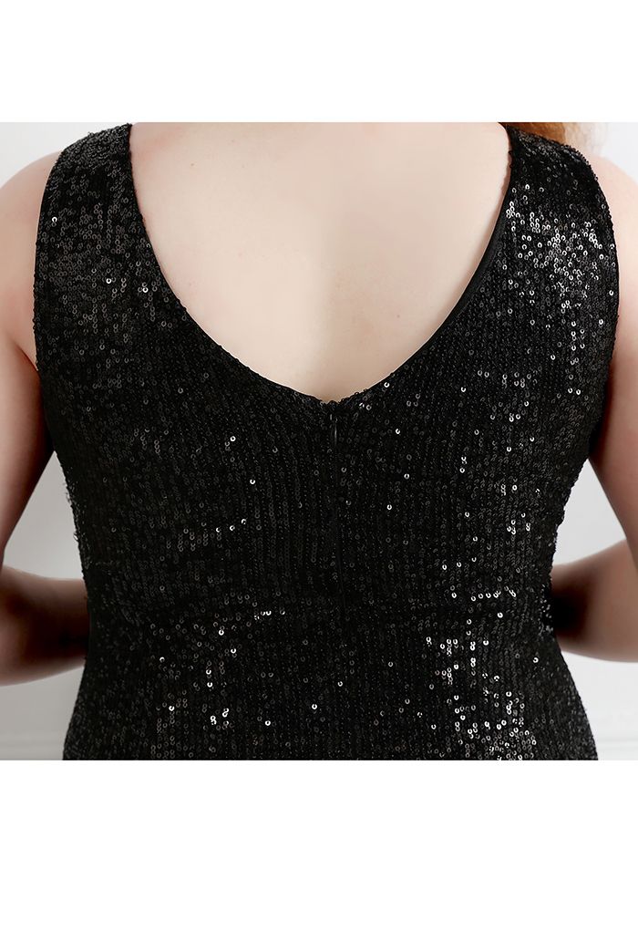 Mesh Panelled Sequined Mermaid Gown in Black