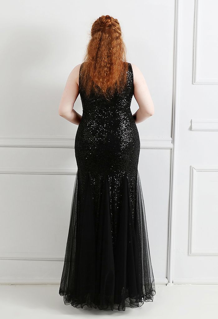 Mesh Panelled Sequined Mermaid Gown in Black