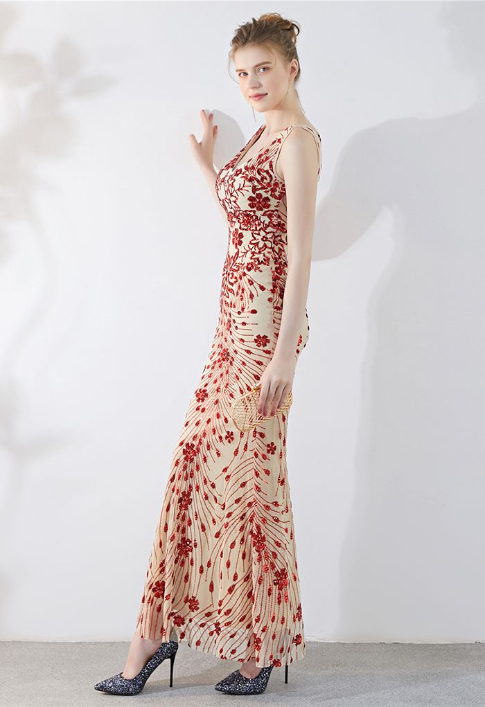 Floral Vine Sequined Mesh Mermaid Gown in Red