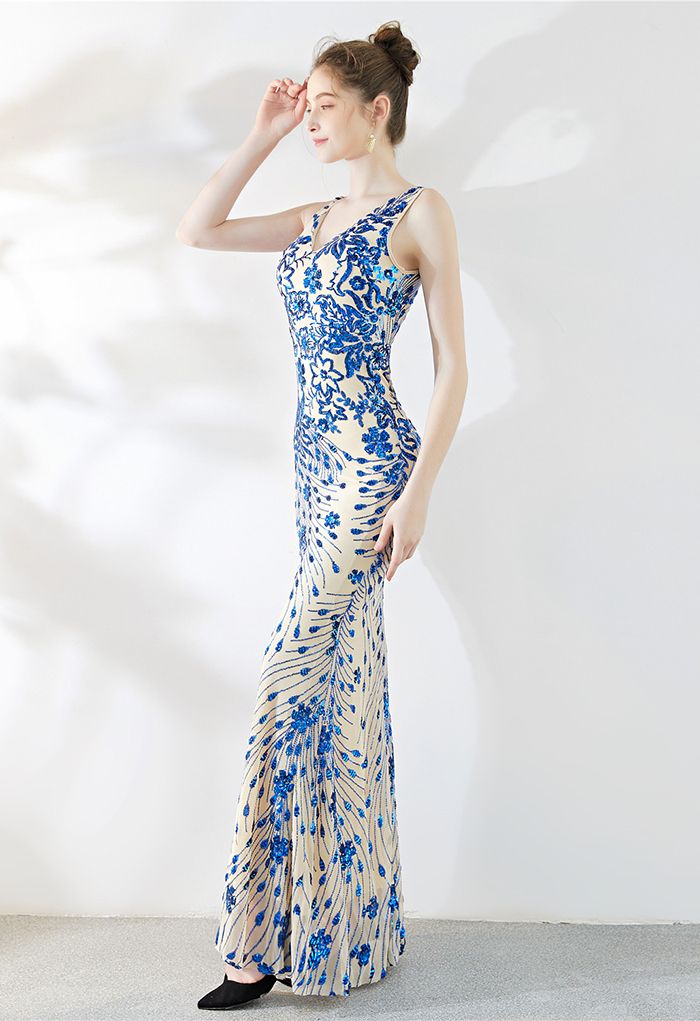 Floral Vine Sequined Mesh Mermaid Gown in Indigo