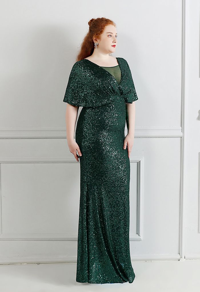 Cape Sleeve Mesh Inserted Sequined Gown in Emerald