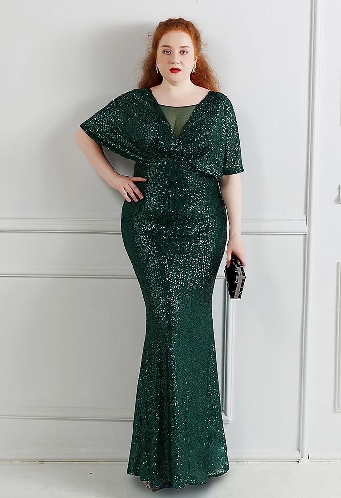 Cape Sleeve Mesh Inserted Sequined Gown in Emerald