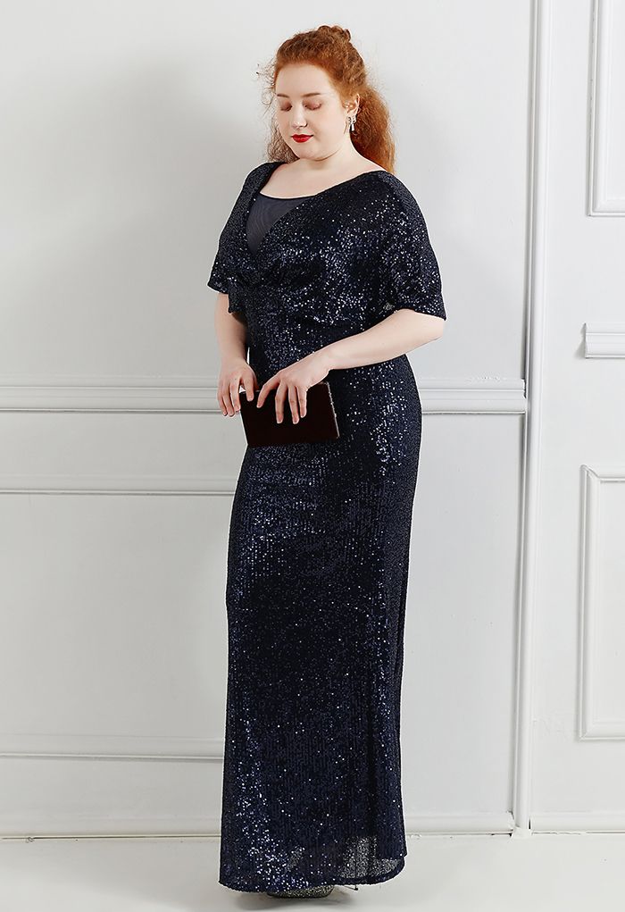 Cape Sleeve Mesh Inserted Sequined Gown in Navy