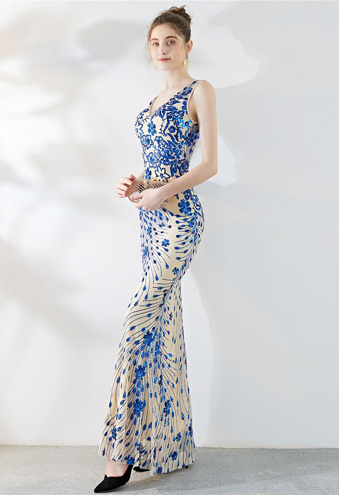 Floral Vine Sequined Mesh Mermaid Gown in Indigo