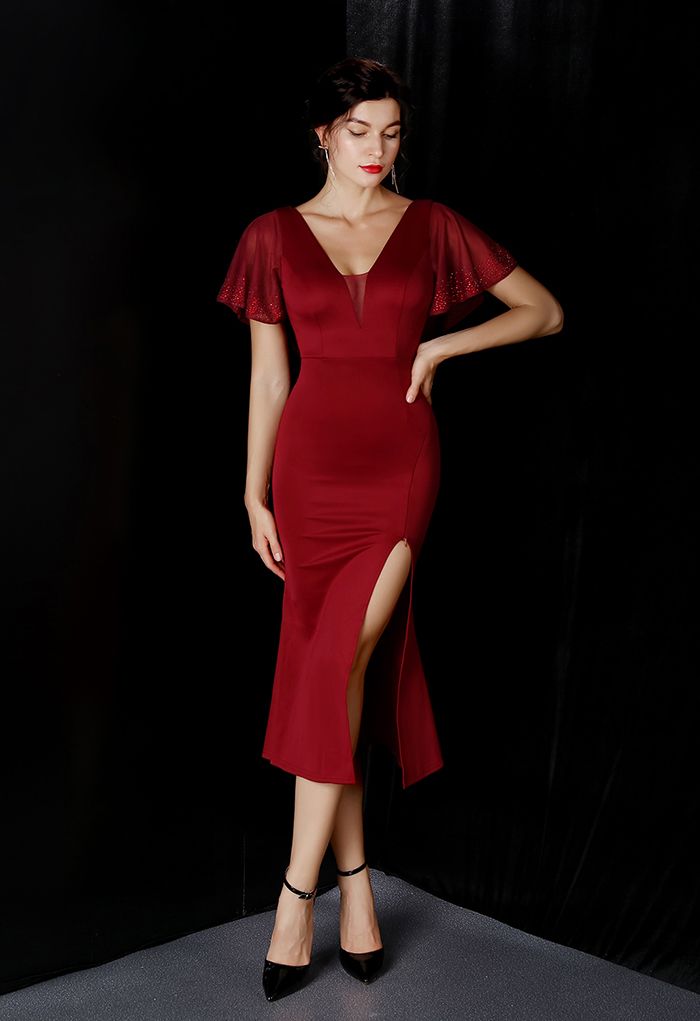 Sequined Flutter Sleeve Split Midi Gown in Burgundy