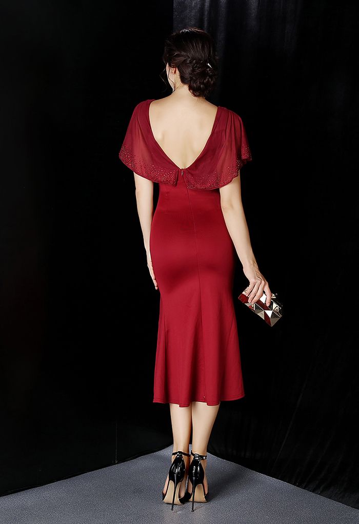 Sequined Flutter Sleeve Split Midi Gown in Burgundy