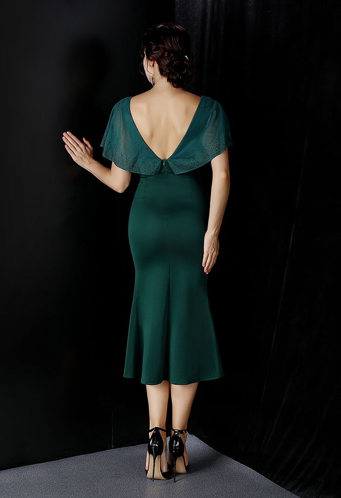 Sequined Flutter Sleeve Split Midi Gown in Emerald