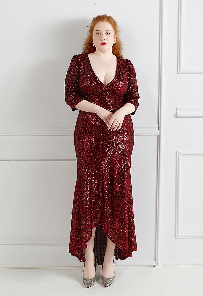 Elbow Sleeve Ruffle Sequined Gown in Burgundy