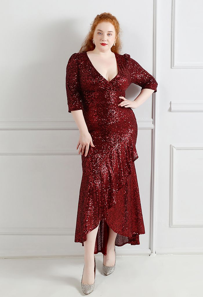 Elbow Sleeve Ruffle Sequined Gown in Burgundy