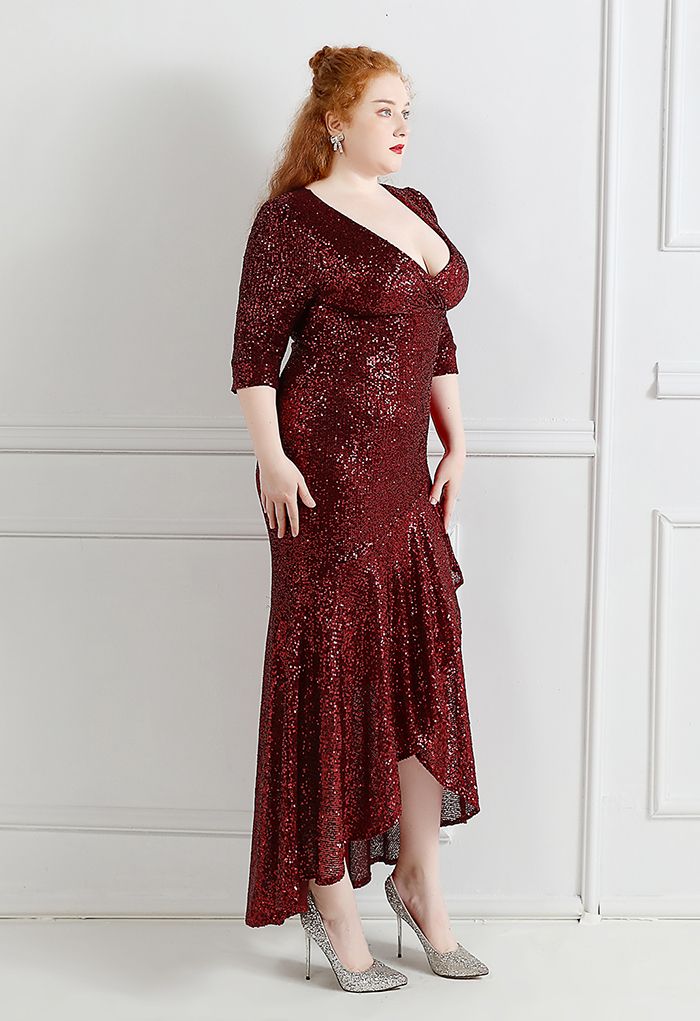 Elbow Sleeve Ruffle Sequined Gown in Burgundy