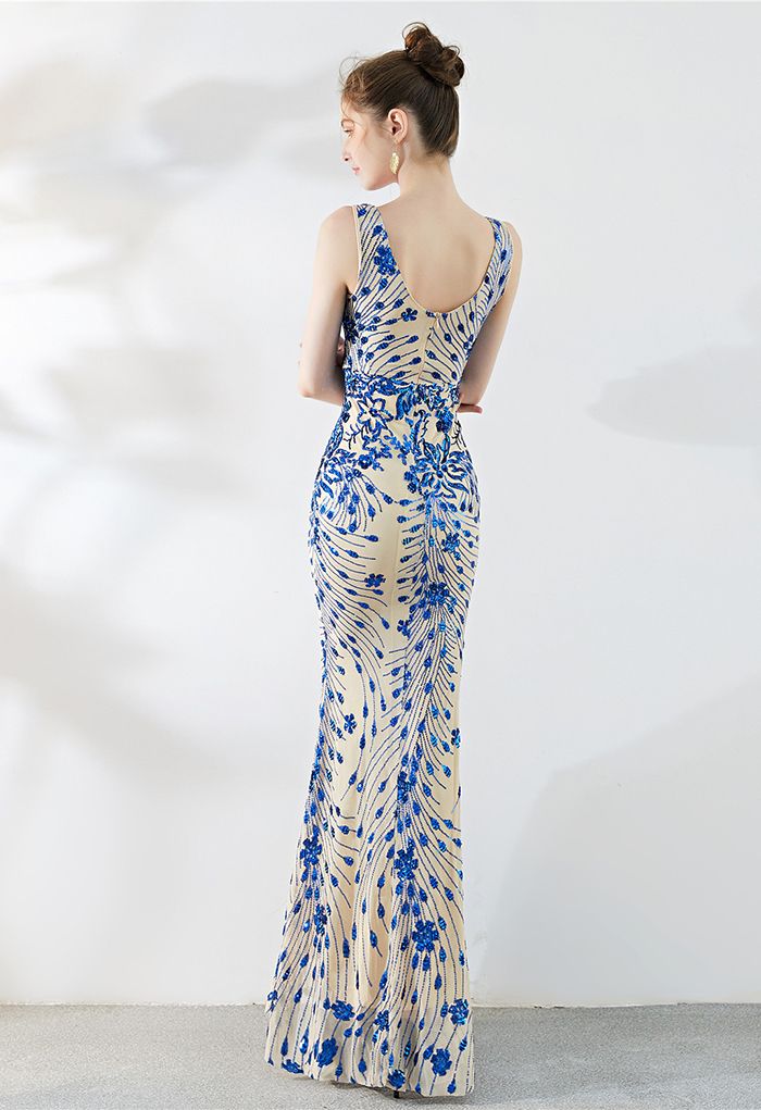 Floral Vine Sequined Mesh Mermaid Gown in Indigo