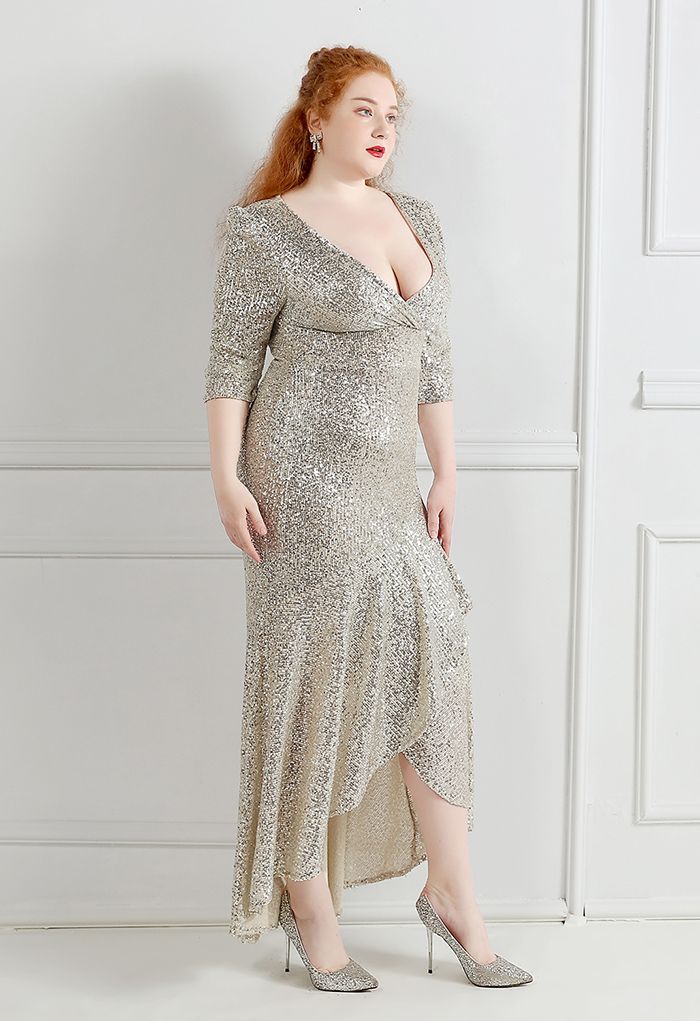 Elbow Sleeve Ruffle Sequined Gown in Silver