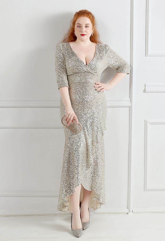 Elbow Sleeve Ruffle Sequined Gown in Silver