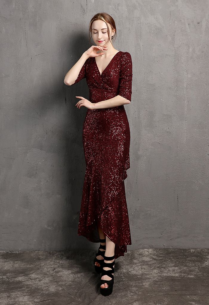 Elbow Sleeve Ruffle Sequined Gown in Burgundy