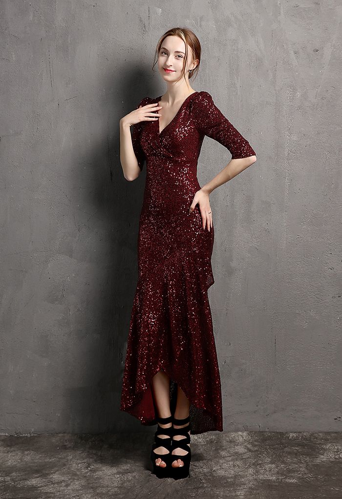 Elbow Sleeve Ruffle Sequined Gown in Burgundy