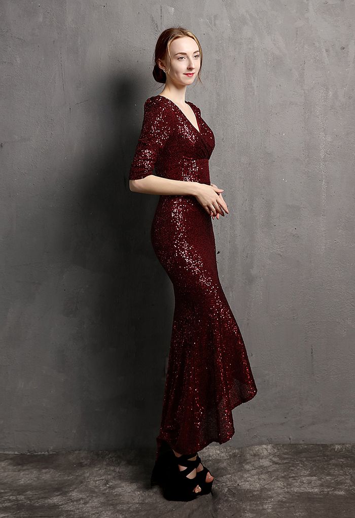 Elbow Sleeve Ruffle Sequined Gown in Burgundy