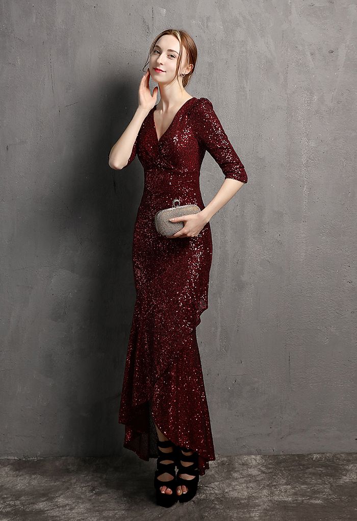 Elbow Sleeve Ruffle Sequined Gown in Burgundy