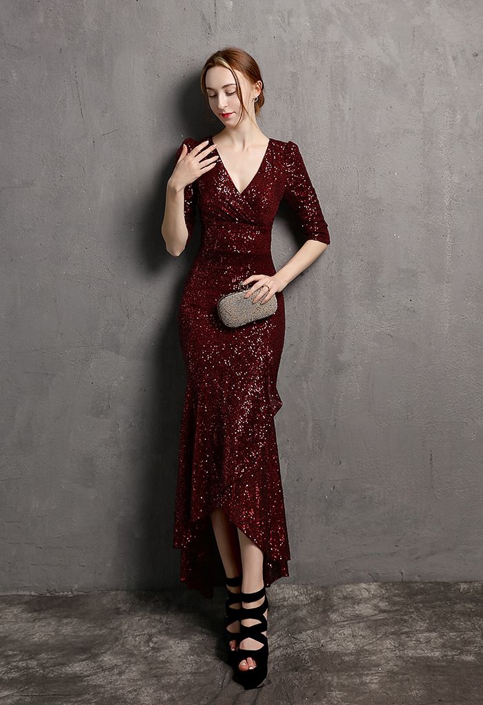 Elbow Sleeve Ruffle Sequined Gown in Burgundy