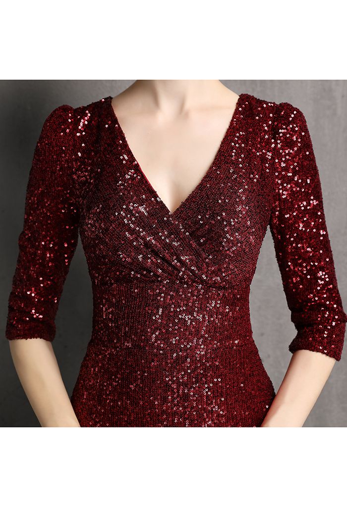 Elbow Sleeve Ruffle Sequined Gown in Burgundy