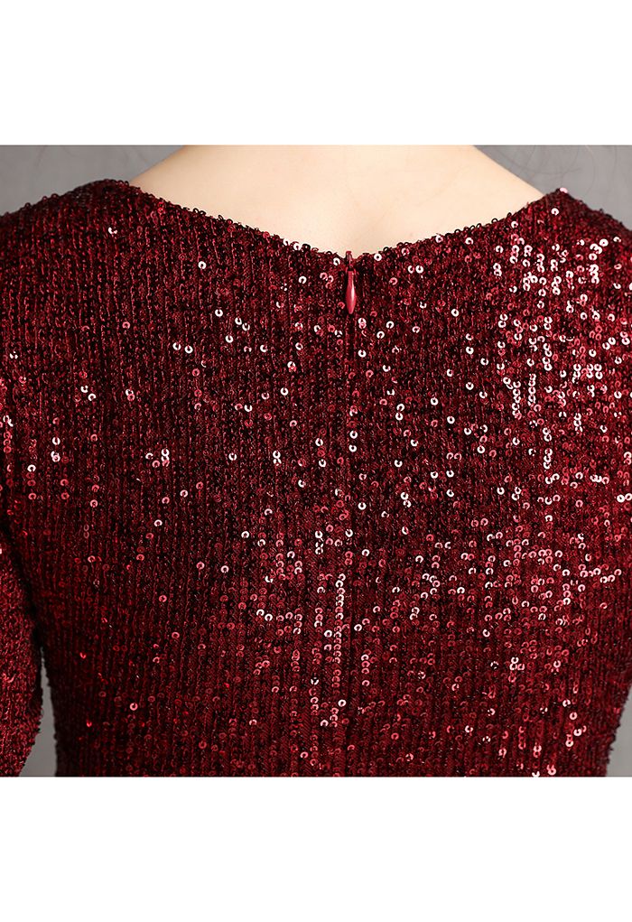 Elbow Sleeve Ruffle Sequined Gown in Burgundy