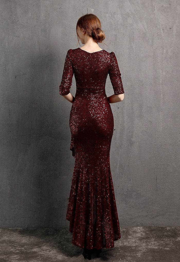 Elbow Sleeve Ruffle Sequined Gown in Burgundy