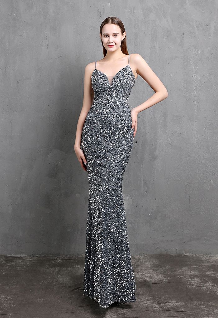 Mesh Inserted Sequined Mermaid Cami Gown in Smoke