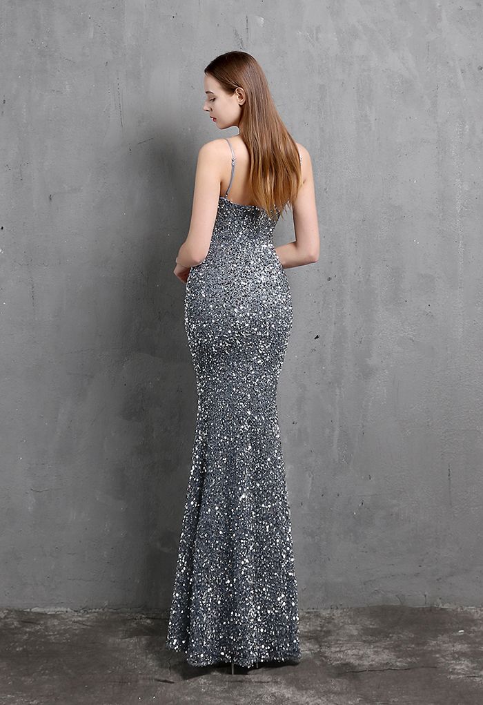 Mesh Inserted Sequined Mermaid Cami Gown in Smoke