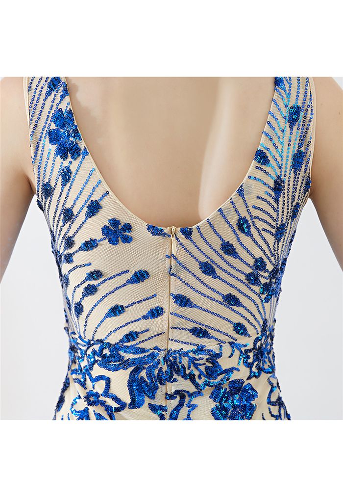 Floral Vine Sequined Mesh Mermaid Gown in Indigo