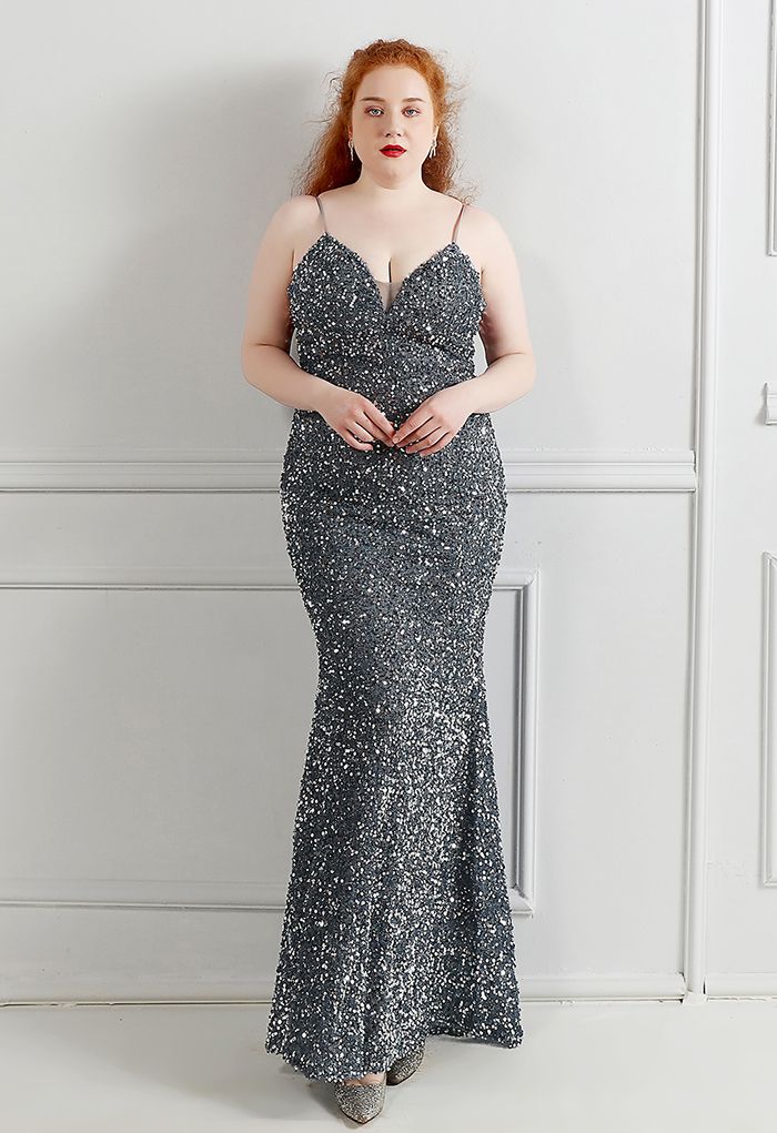 Mesh Inserted Sequined Mermaid Cami Gown in Smoke