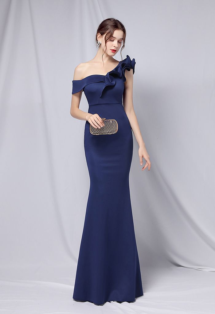 Ruffle One-Shoulder Mermaid Satin Gown in Navy