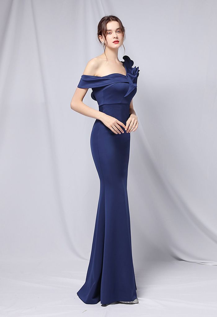 Ruffle One-Shoulder Mermaid Satin Gown in Navy