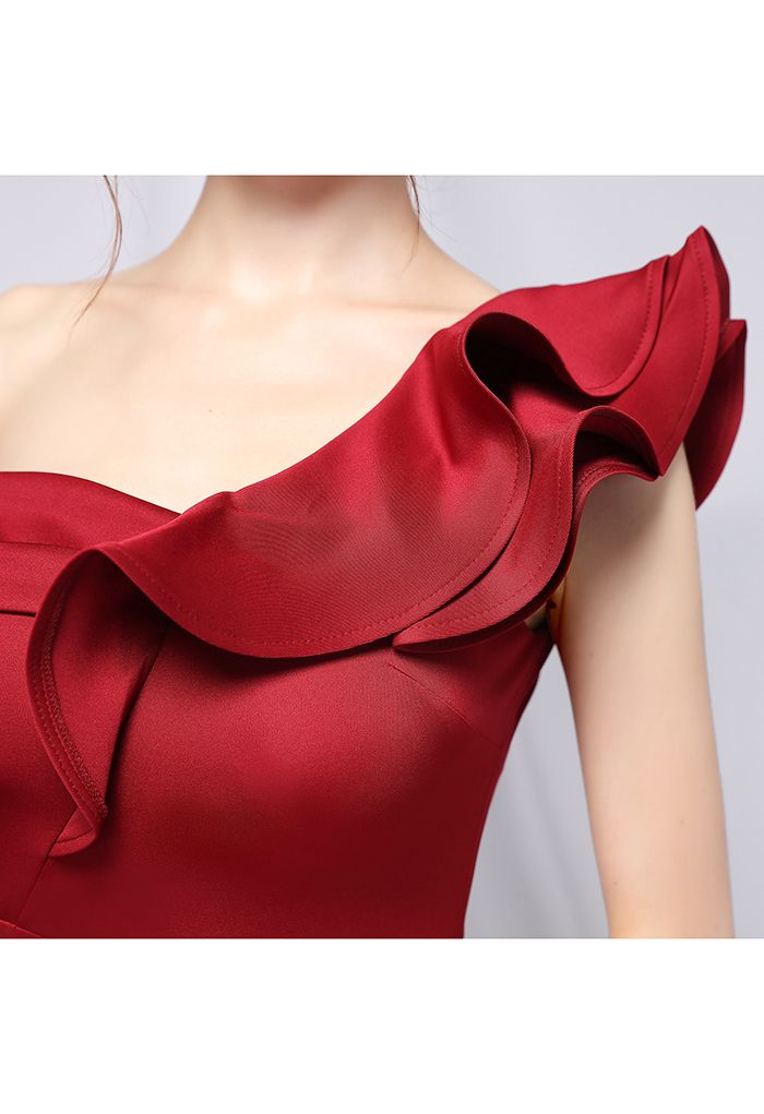 Ruffle One-Shoulder Mermaid Satin Gown in Burgundy