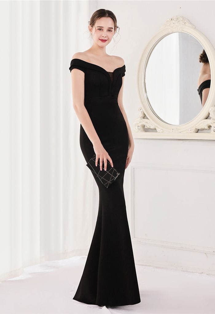 Off-Shoulder Mesh Inserted Satin Gown in Black