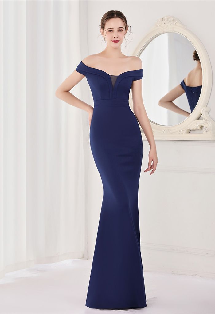 Off-Shoulder Mesh Inserted Satin Gown in Navy