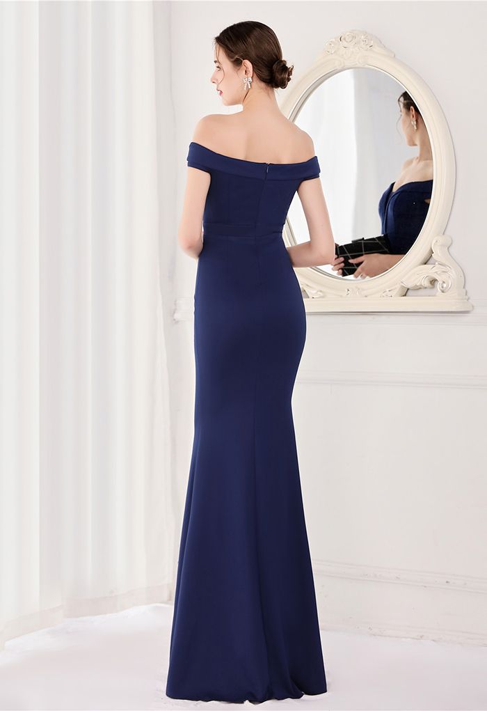 Off-Shoulder Mesh Inserted Satin Gown in Navy