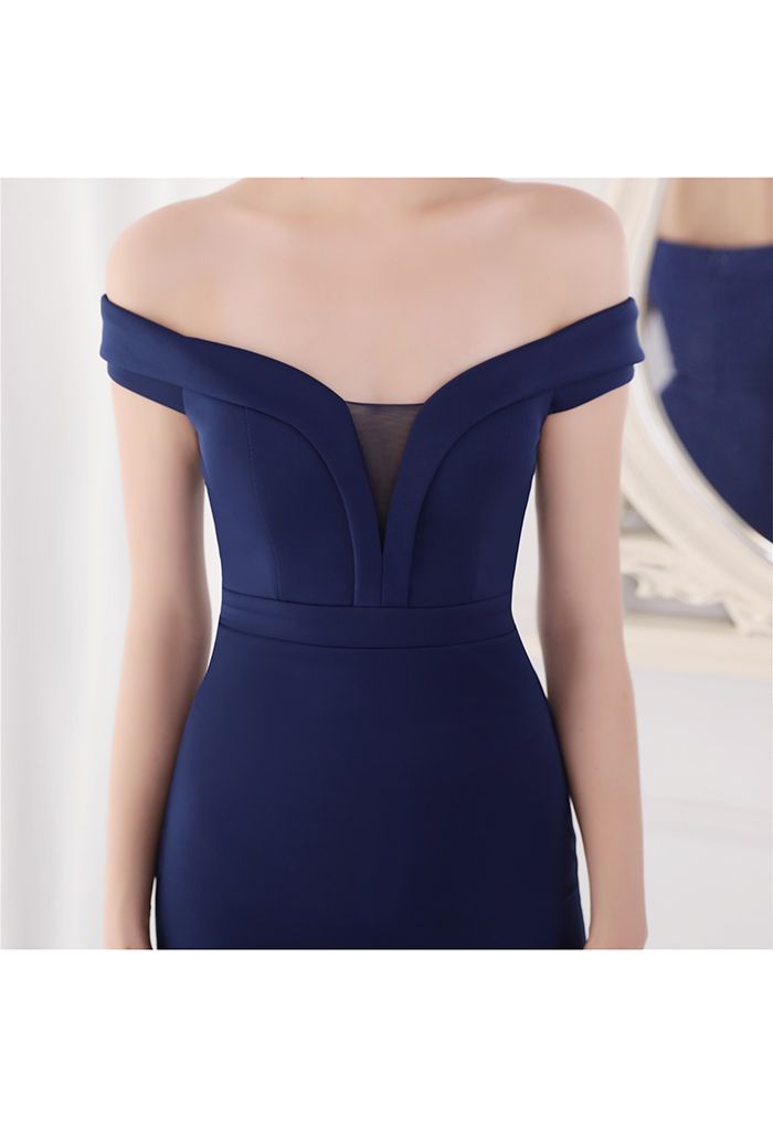 Off-Shoulder Mesh Inserted Satin Gown in Navy