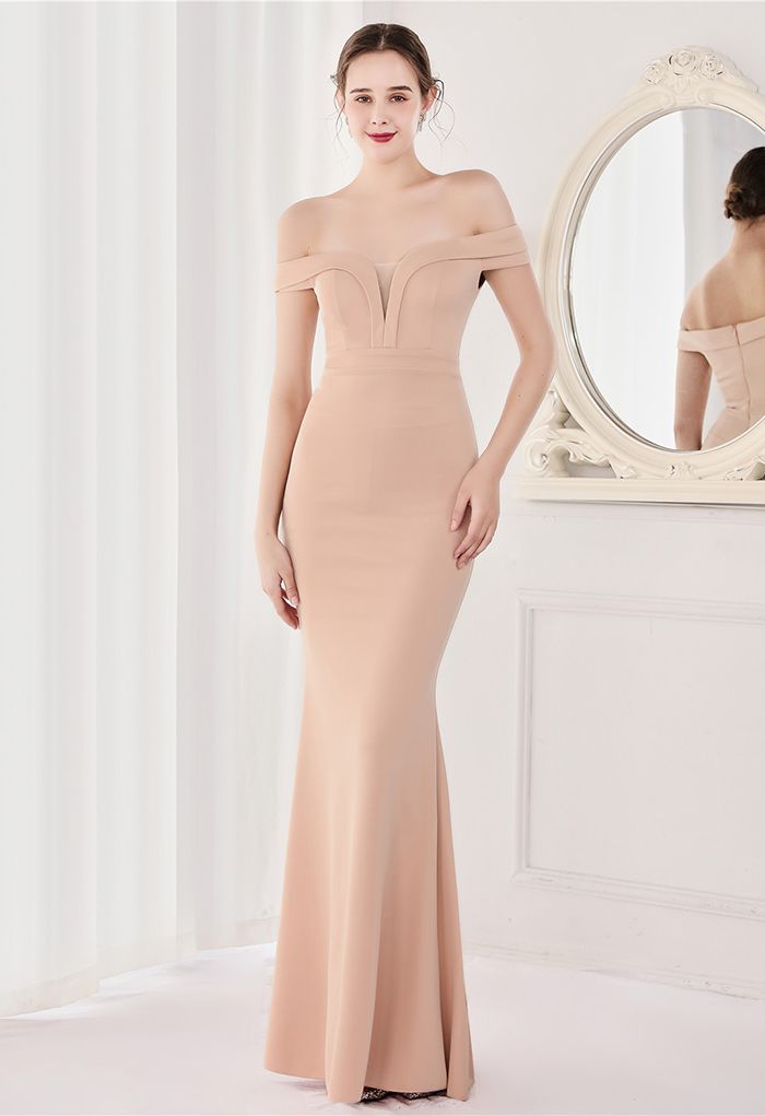 Off-Shoulder Mesh Inserted Satin Gown in Light Tan