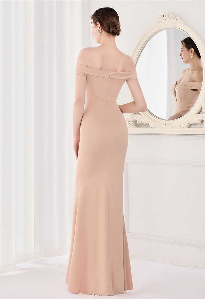 Off-Shoulder Mesh Inserted Satin Gown in Light Tan