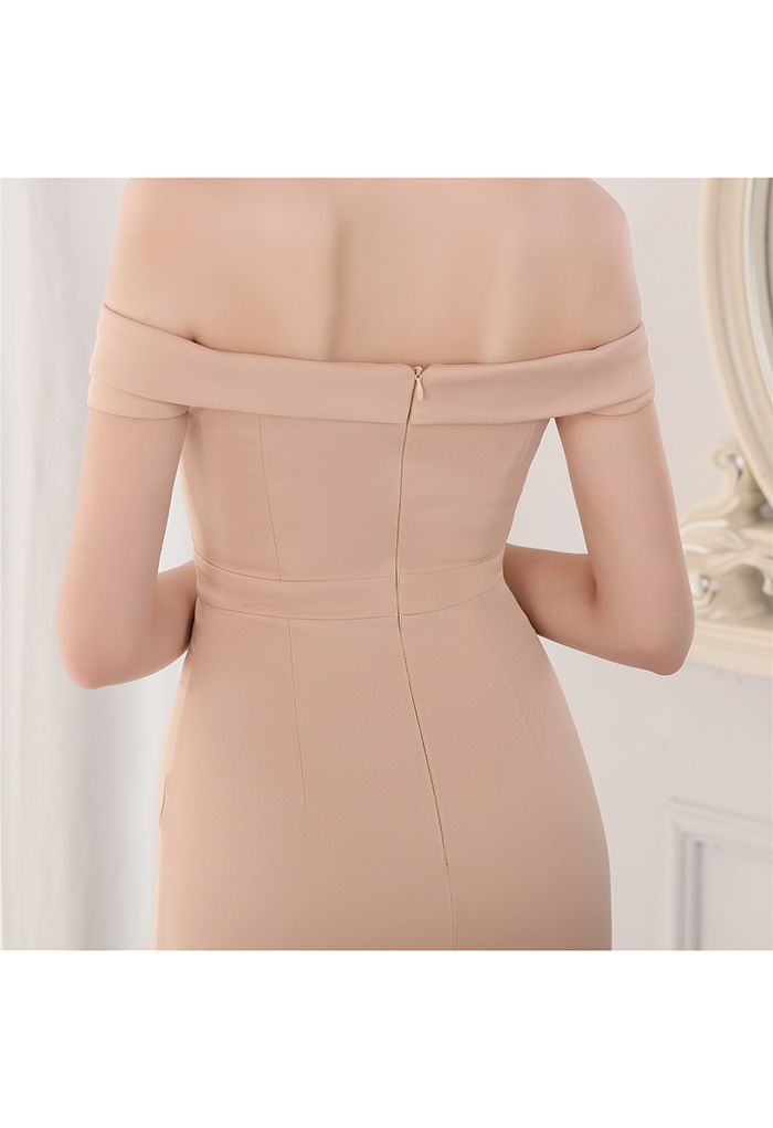 Off-Shoulder Mesh Inserted Satin Gown in Light Tan