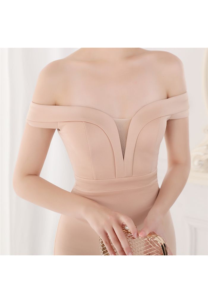 Off-Shoulder Mesh Inserted Satin Gown in Light Tan