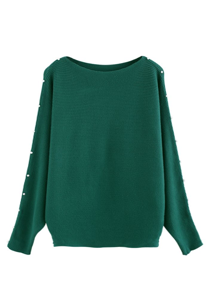 Pearly Batwing Sleeve Knit Sweater in Green