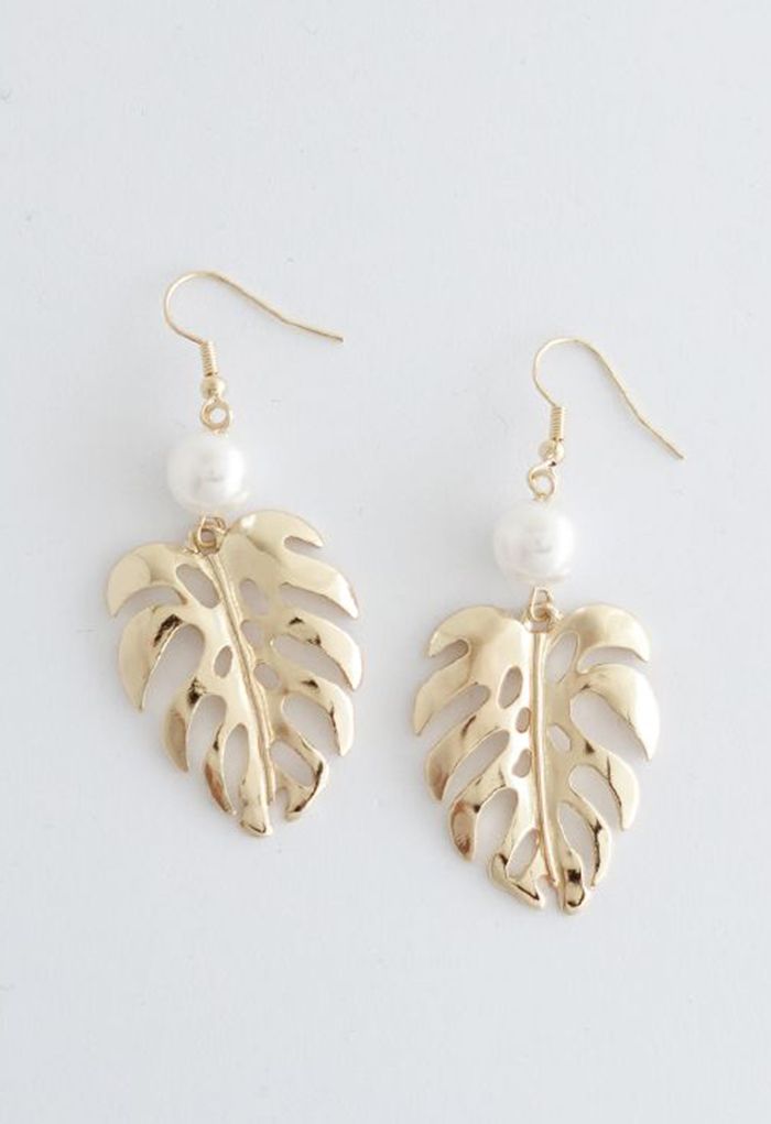 Tropical Leaf and Pearl Drop Earrings