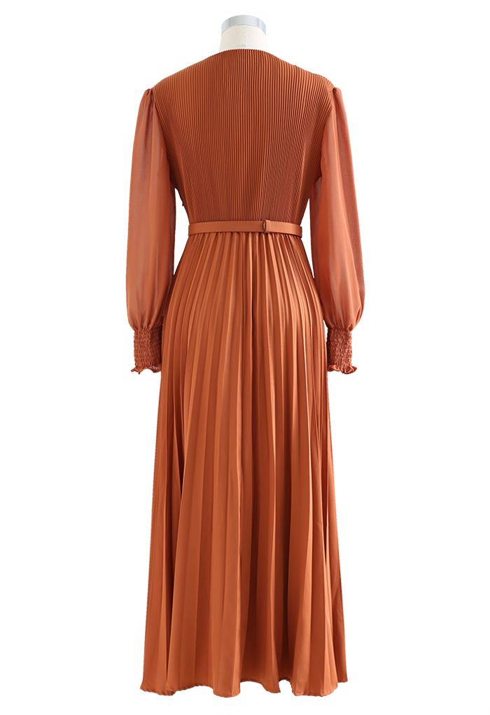 Full Pleated Belted Maxi Dress in Pumpkin