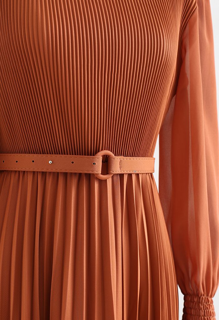 Full Pleated Belted Maxi Dress in Pumpkin